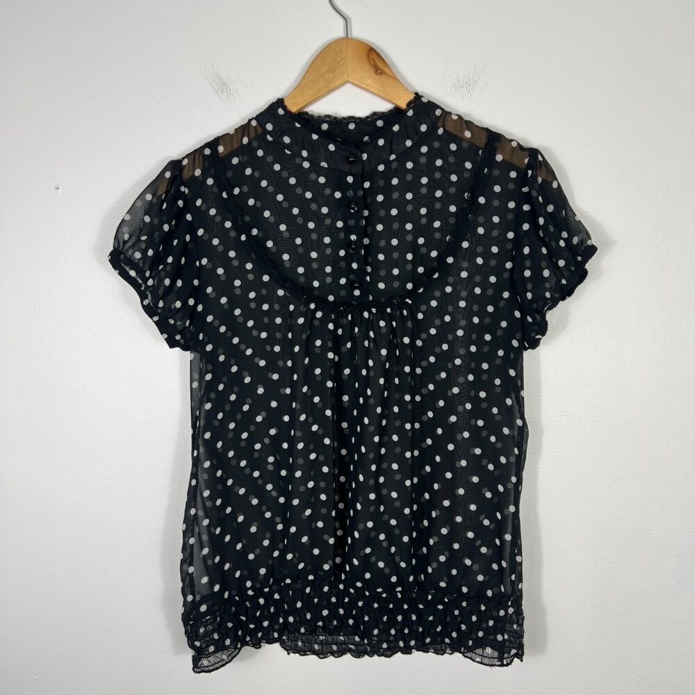 Hot Tempered Top Womens Large Black Sheer Polka Dot Victorian Whimsigoth Emo Y2K